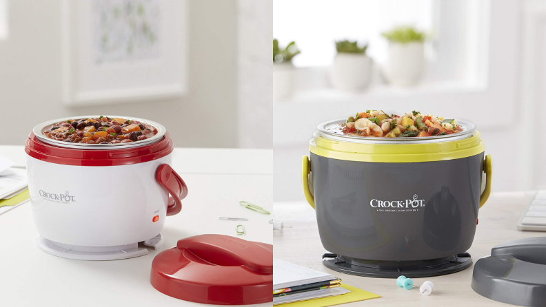 On the left, a white with red trim mini Crockpot is filled with some food. On the right, a gray with green trim Crockpot is filled with food.
