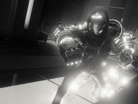 Screenshot of the Tinkerer, with large metal fists, a gleaming mask, and a hood, in Insomniac Games' Spider-Man: Miles Morales.
