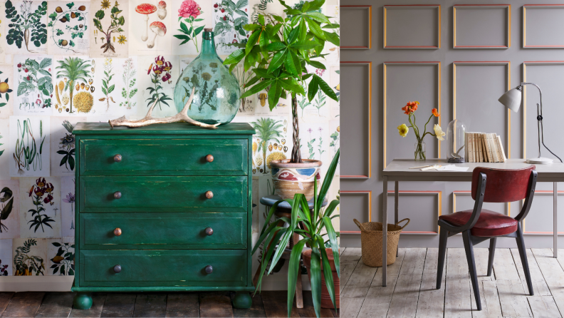 Annie Sloan started a chalk paint movement in the 1990s. Today, her contemporary looks go way beyond shabby chic, as in this chest painted with Chalk Paint by Annie Sloan in Amsterdam Green, and this paneled study wall painted using Paris Grey and Scandinavian Pink, with Arles for molding detailing.