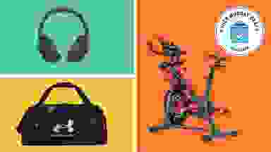 Sony headphones, Under Armour gym bag,  and a Schwinn exercise bike on colored backgrounds.