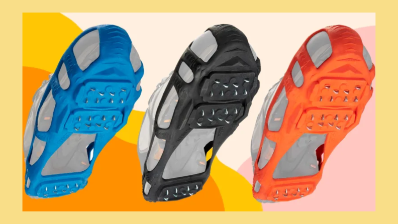 Three attachable cleats in blue, black, and orange.