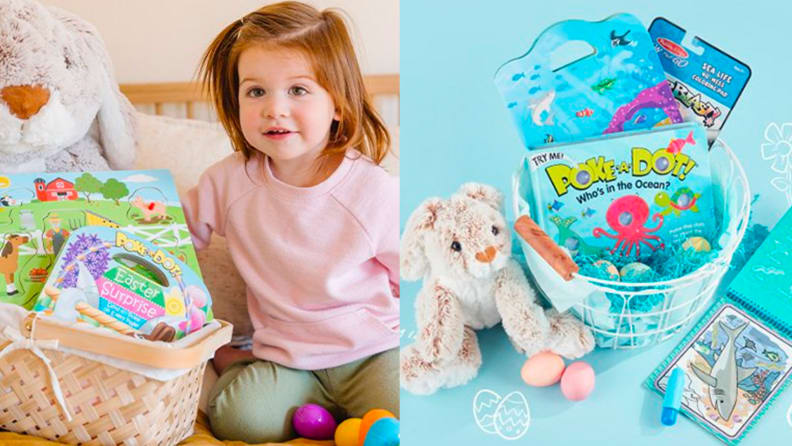 A child opens an Easter basket filled with toys.