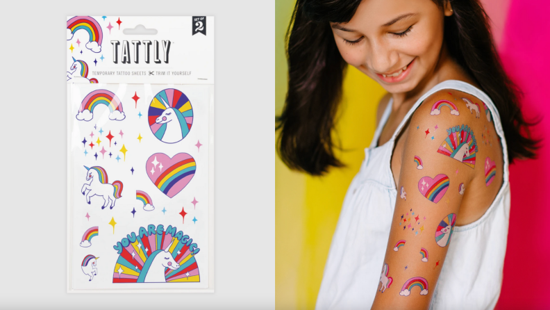 On left, unicorn tattoos in packaging. On right, young girl with unicorn tattoos on her arm.