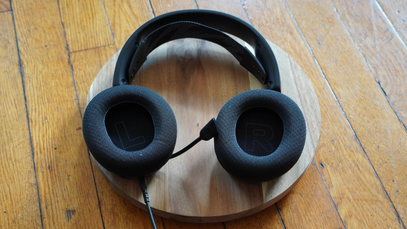 Interior of ear cups on a pair of SteelSeries headphones.