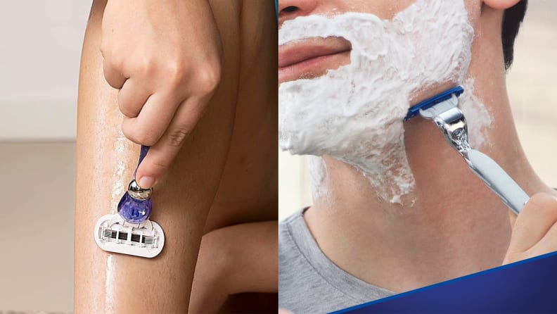 Person using razor to shave legs. On right, person using razor to shave face.