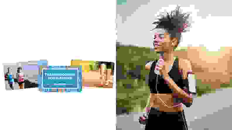 A woman running next to an image of gift cards.