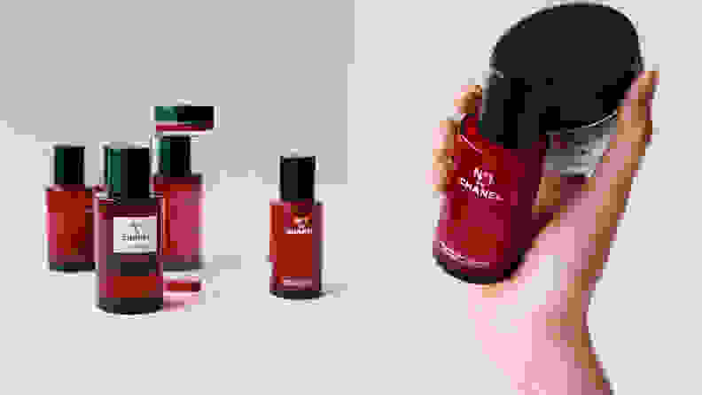 On the left: Several red transparent cosmetic bottles grouped together. On the right: Someone's hand holding a red glass bottle and a jar with a black lid with a Chanel logo on it.