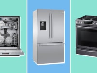 A collage showing off a dishwasher, a refrigerator and an oven.
