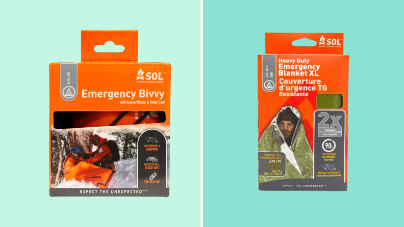 A side-by-side image of emergency blankets from REI and S.O.L. Survive Outdoors Longer.