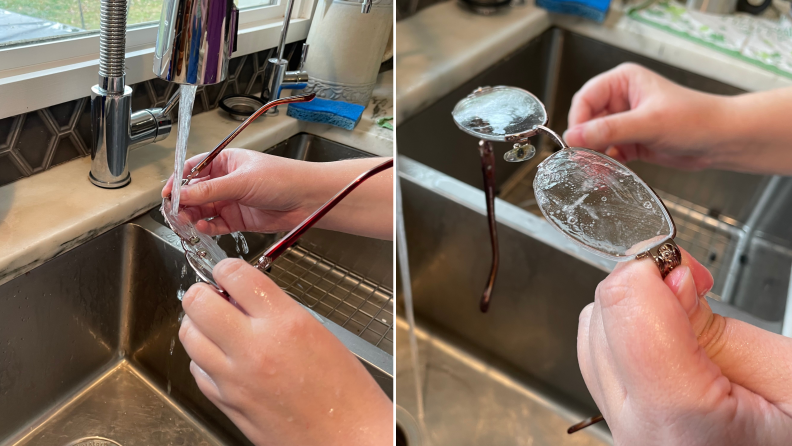 Author cleaning glasses with soap and water over sink