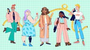A colorful illustration showing a diverse crowd of people wearing feminine and women's clothing in front of a mint green background.