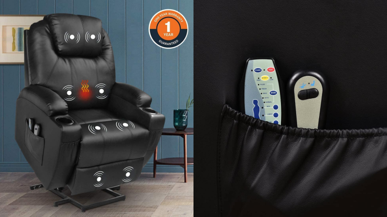 A Magic Union recliner and a close up of the remote pocket.