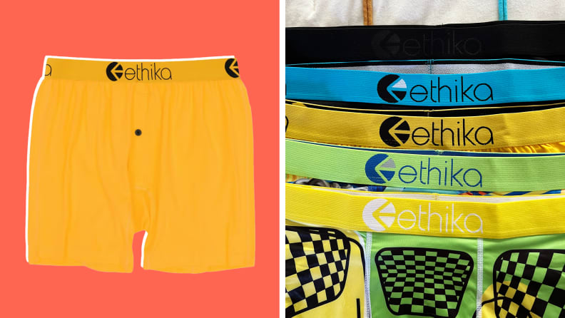 On the left is a pair of yellow boxers, and on the right is a close-up of the waistbands of five pairs of Ethika underwear.