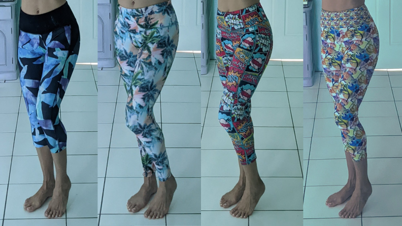four pairs of crazy printed leggings on a woman's body