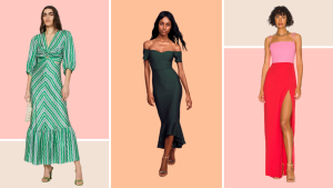 Collage images of a chevron green gown, a green off-the-shoulder midi dress, and a red and pink gown.
