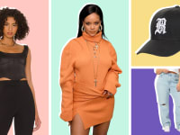 Four multicolored vignettes showing casual wear, a hat, and a pair of light wash jeans surrounding a photograph of Rihanna.
