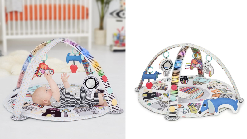Two images of a baby floor toy with lots of interactive elements