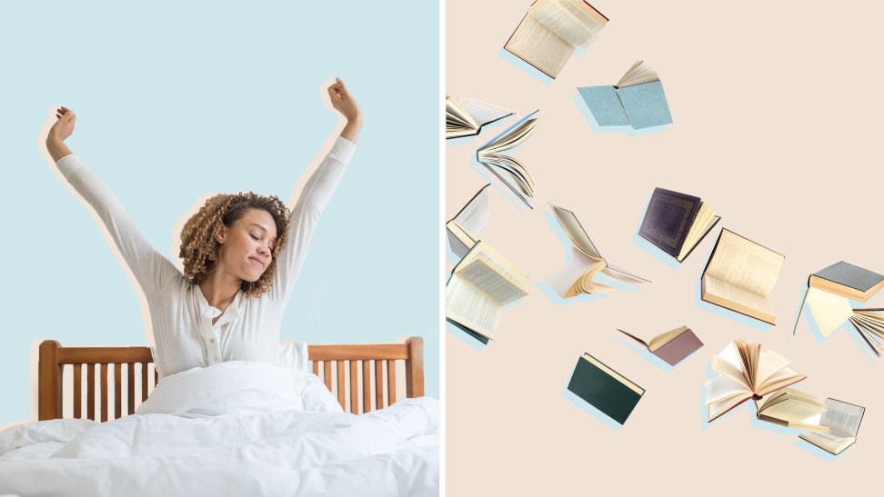 collage with woman stretching in bed as she wakes up on the left side and and assortment of book falling on the right