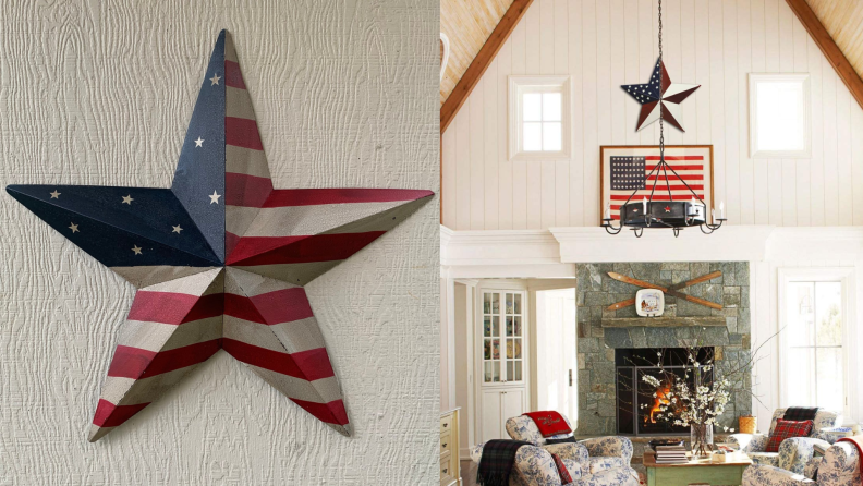 On left, red, white and blue metal Americana flag barn star mounted on wall. On right, red, white and blue metal Americana flag barn star mounted on wall in cozy living room above American flag.