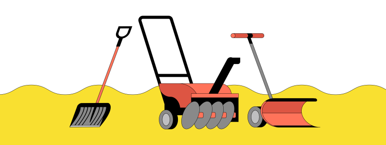 Cartoon graphic of snow shovel, snow blower, and snow pusher.