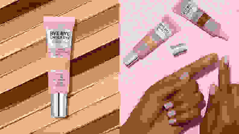 On the left: A squeeze tube of makeup concealer with a background of its color swatches. On the right: Two concealer tubes sit at the top of a pink background and a hand with a tiny amount of concealer on one finger rests below the tubes.