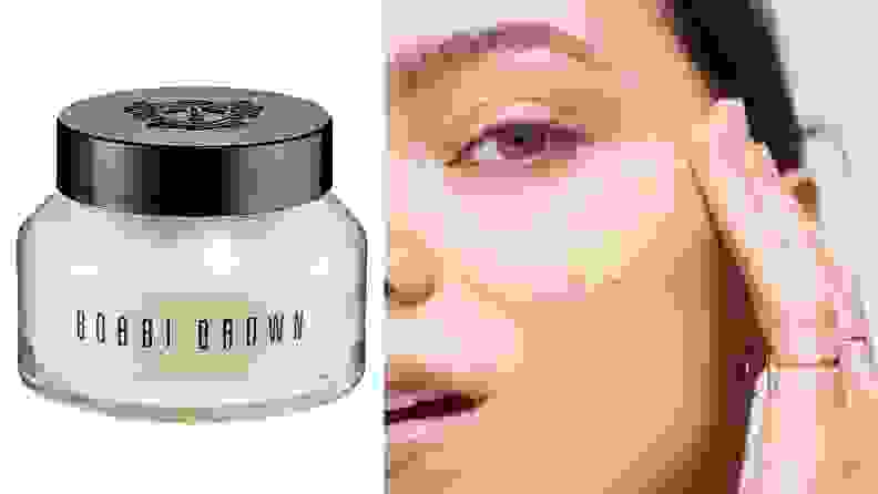 On the left: The tub of Bobbi Brown Vitamin Enriched Face Base Priming Moisturizer sits on a white background. On the right: A person applies the cream-colored Bobbi Brown Vitamin Enriched Face Base Priming Moisturizer to their cheekbone.