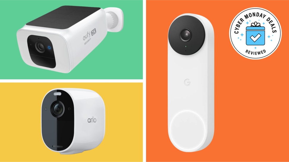 Three home security cameras with the Cyber Monday Deals Reviewed badge in front of colored backgrounds,