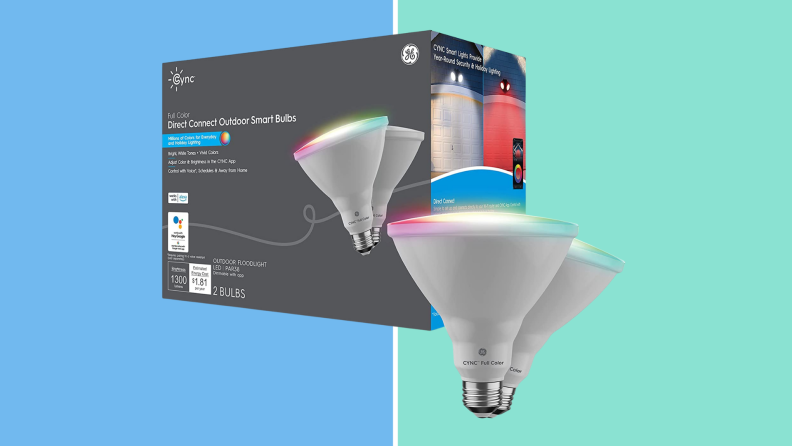 Cync's outdoor color smart bulbs next to the product's packaging box