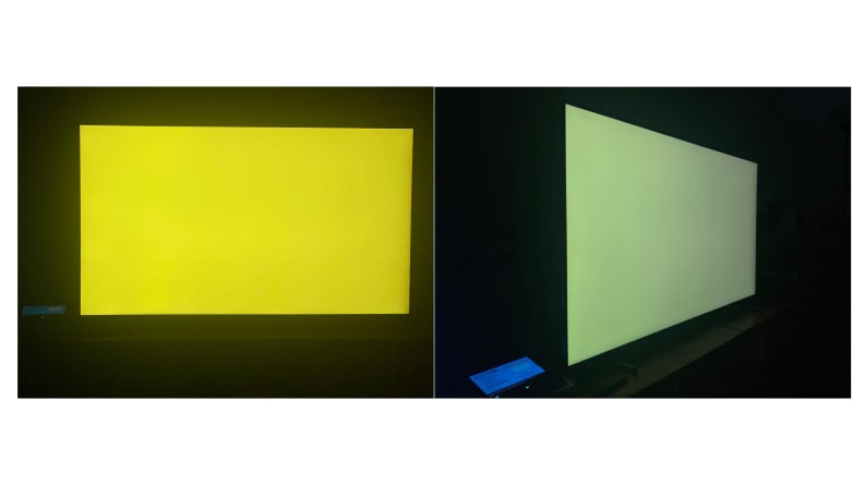A side-by-side comparison of the Samsung Q60B displaying a pure yellow screen from a head-on angle and an off-axis position