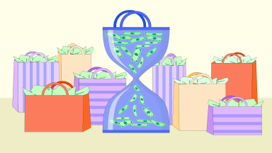 Cartoon graphic of money in shopping bags next to hourglass with money inside.