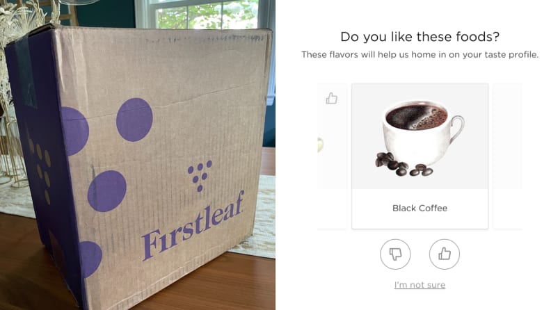 On left, a Firstleaf cardboard shipping box on a countertop and a screenshot from a Firstleaf questionaire.