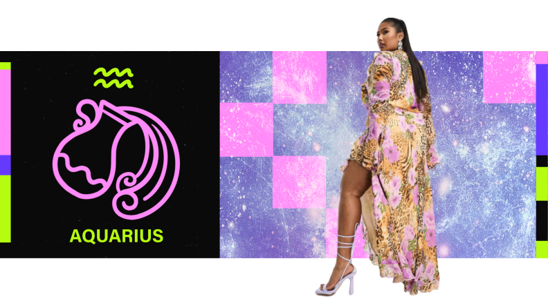 On the left is the symbol for Aquarius, and on the right is a model seen from behind, wearing a floral animal print maxi dress with a leg slit.