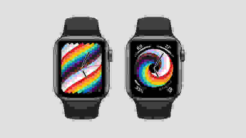 Two Apple Watch Pride bands against a clear background.