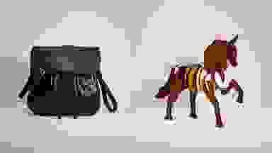 A refurbished black bag from Coach, a brown bag transformed into a unicorn.