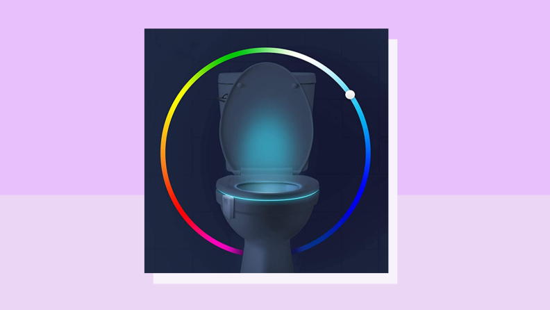 Porcelain toilet illuminated with blue LED light and color wheel.