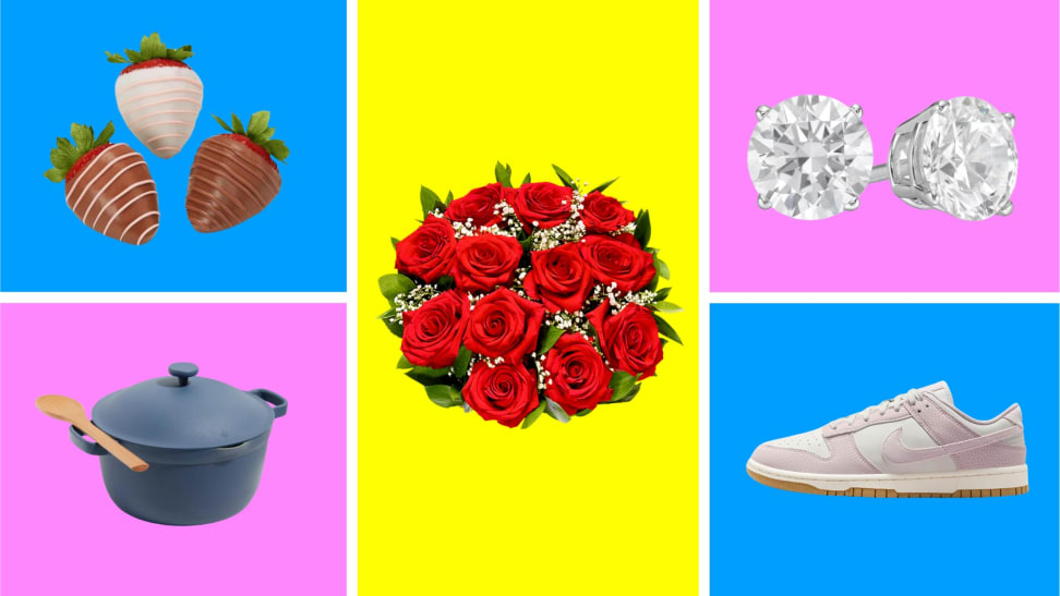 A collection of Mother's Day gift items in front of colored backgrounds.