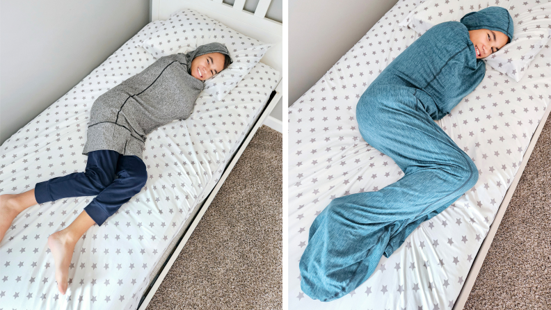 A boy lays in bed and smiles at the camera in two side by side photos, featuring a hooded Hug Sleep Pod in gray and blue colors