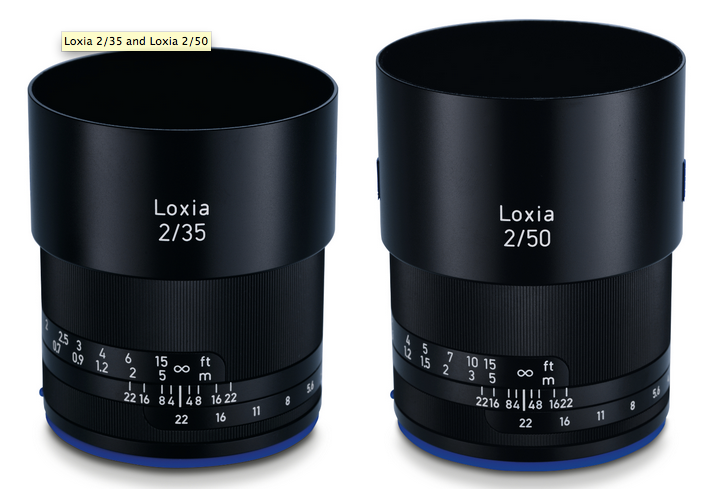 A picture of the Zeiss Loxia 2/50 and ZeissLoxia 2/35 E-mount 35mm prime lens.