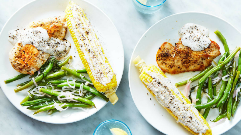 Garlicky chicken with dilly beans and corn on the cob