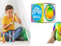 Left: A child plays with sensory tubes; right: hands squish a colorful ball