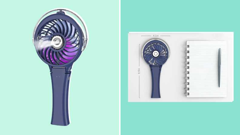 Two images of the Handfan portable misting fan - one in isolation, and one next to a notebook for scale. The second image indictaes that the product is 8.9 inches tall and 4.1 inches wide.