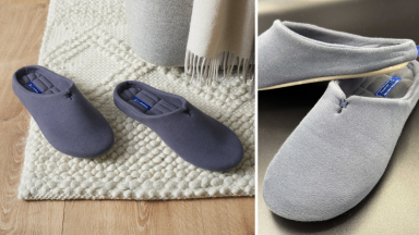 Casper slippers on a rug, and another image of the slippers shown in detail.