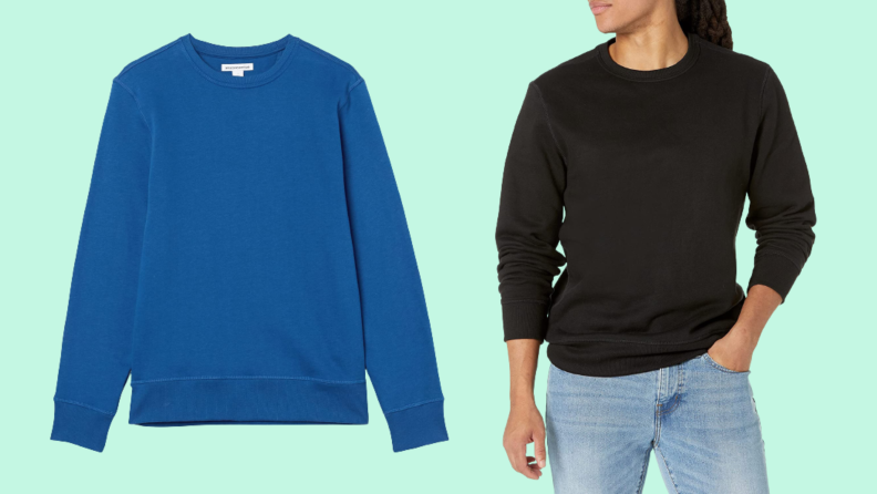 Flat lay of a blue sweatshirt and also a black sweatshirt on a model.