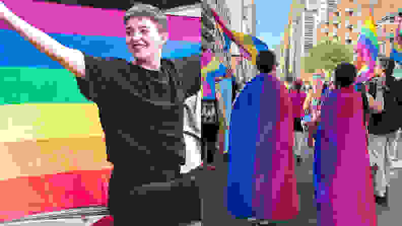 Left: A person wearing all black holds up a rainbow flag; Right: marching in a Pride Parade, two people wear Bi flags on their backs