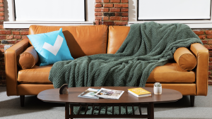 Green Big Blanket on a leather couch
