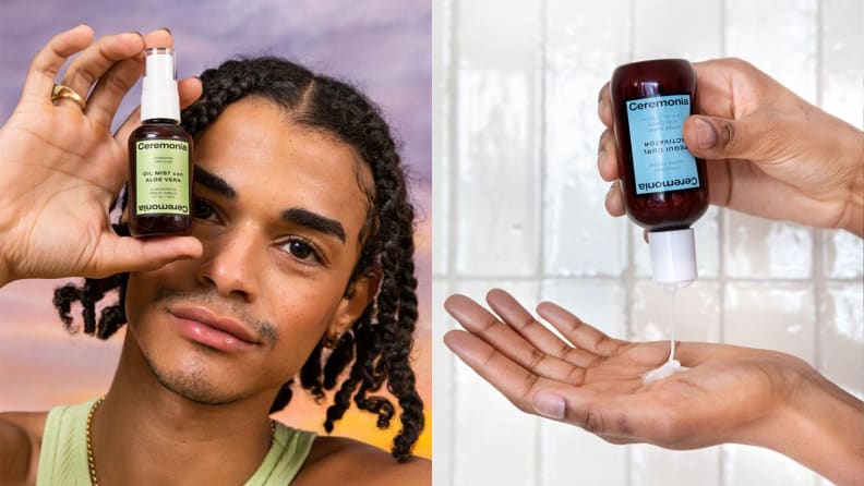 a man holding a bottle by his face, next to someone pouring shampoo into their hand