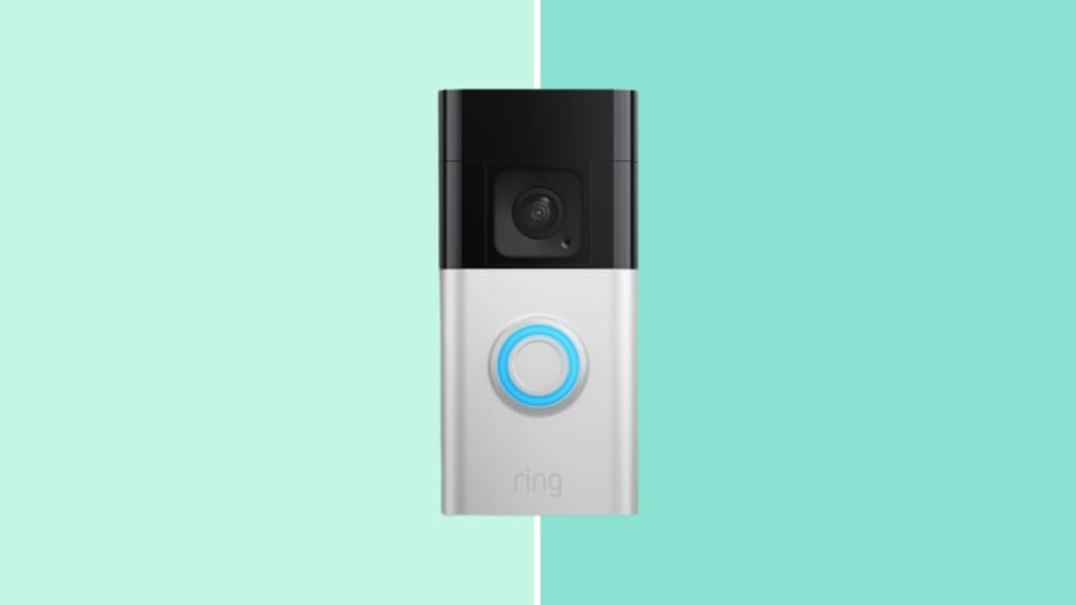 The Ring Battery Plus Video Doorbell on a green background