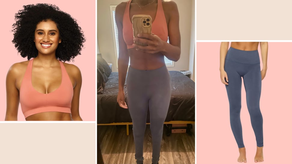 A model wearing a pink bralette, a mirror selfie of a woman wearing a pink bralette and gray leggings, and a product shot of a pair of navy leggings.