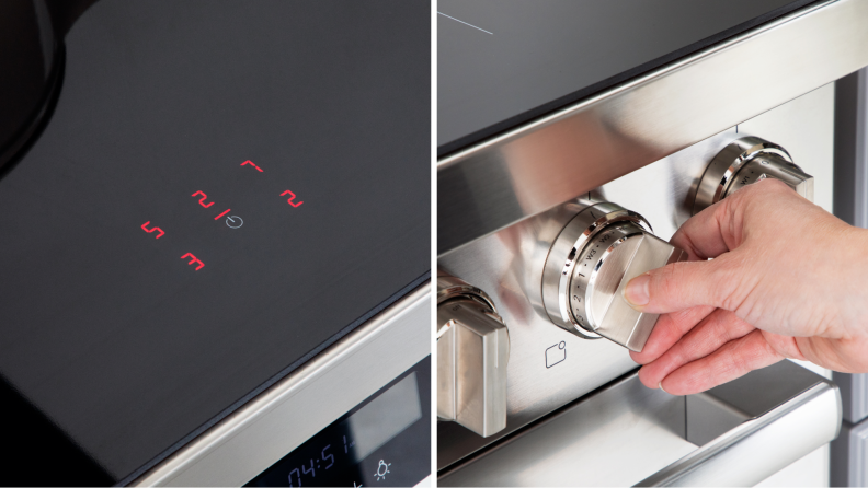 Left: the cooktop showing the digital number settings of all five burners. Right: A hand adjusting the burner settings.