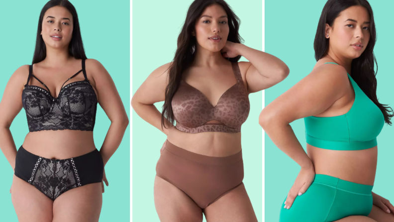 Three bras collaged against a colorful background, all seen on models: The first is a lace matching set in black, the second is a brown set with leopard prints, the third is a green set.